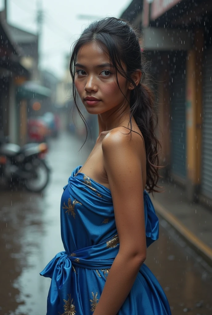 Top Quality, Masterpiece, High Resolution, 8k, (((cute barely legal girl standing in oversized silky Spa Wrap Top, random color, wide neckline, deep neckline, small perky breasts, beautiful detailed eyes, beautiful detailed lips, small closed mouth, extremely detailed face, long pixie asymmetrical hair style, small hips))), ((japanese onsen, wet and steamy atmosphere, intricate details, at night, backlit, full body shot, view from distance))