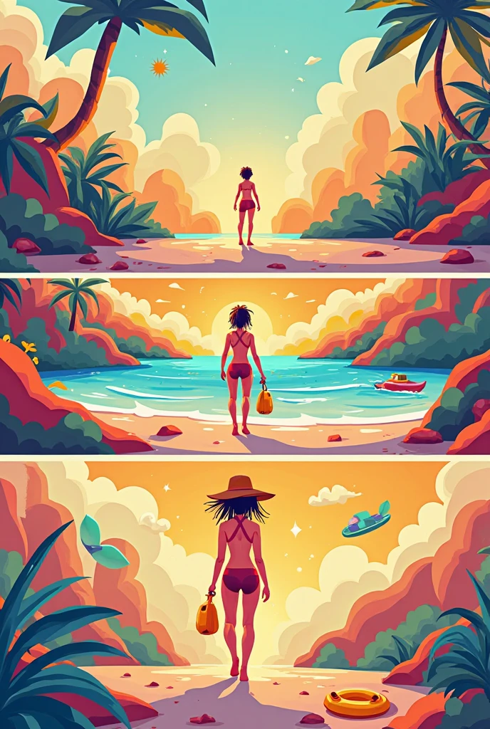 The woman on the beach has huge，A transparent and thin ribbon gently covers the chest and lower body，The areola and genitals are faintly visible。