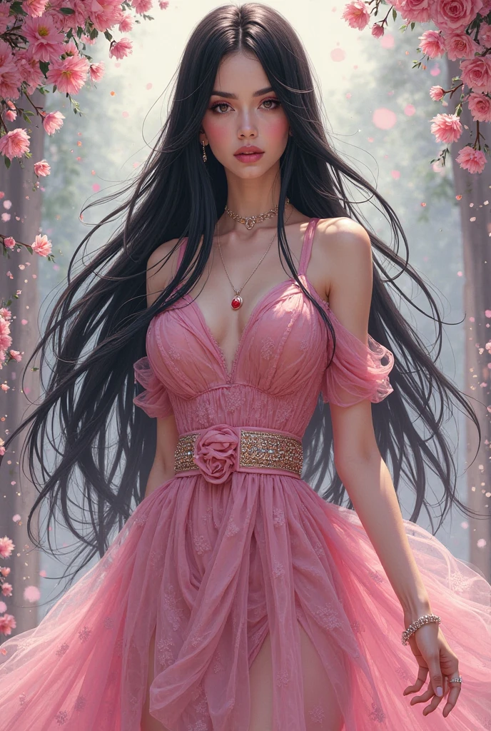 a woman in a red dress posing for a picture, front view, beautiful garden on background, very large bosum, really large bosum, front view ???? girl, in short red or violet dresses, ???????????, ????????????, Cleavage, ???? dress ???? pose, smily face, smile on face, sfw ????????????, ???????????!!, dayanita singh, wearing pink floral gown, low cut dress, pink dress, large bosum, attractive feminine curves, huge flower