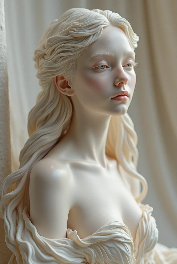 1girl, beautiful teenage girl, beautiful 13 year old girl, very small breasts, long wavy white hair, thin jaw, large white sash covering breasts, golden decorations, portrait, oil painting, realistic proportions, intricate, intricate details, sharp focus, beautiful female body, classical painting, outside, greek temple