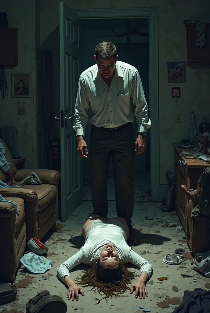 Create a dark and gloomy 16:9 image of a guy panicking when he sees a dead girl in her apartment with many deep wounds on her body, in USA