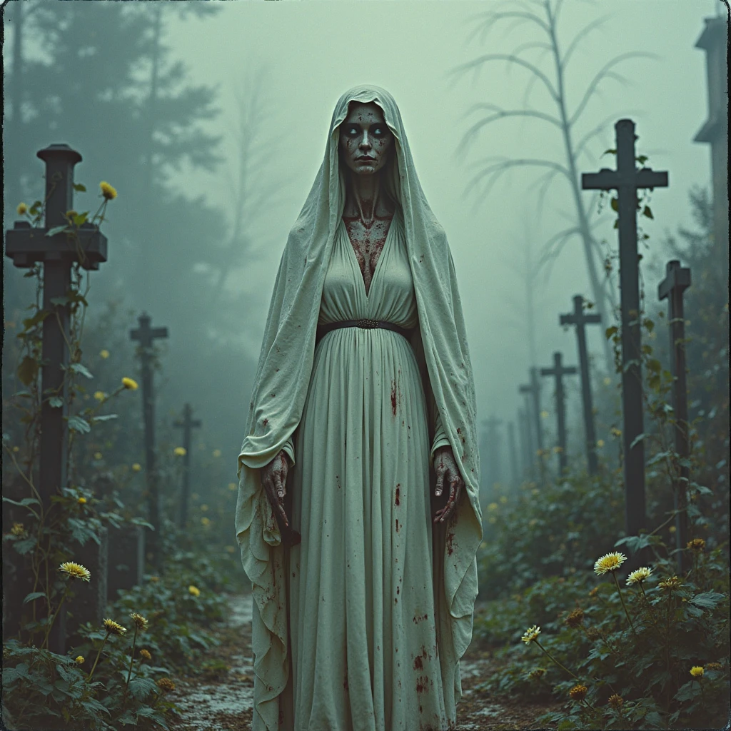 (medium full shot) of (shimmering ghost) ethereal figure, transparent fading body, fading hands, glowing red eyes, faintly glowing skin, semi-transparent, faintly visible with a spooky aura, ominous, chains around its wrists, set in a desolate graveyard, with broken graves, mournful spirits, a chilling presence, during a full moon, amidst a thick fog, ,Masterpiece,best quality, photo, realistic, very aesthetic, detailed face,
