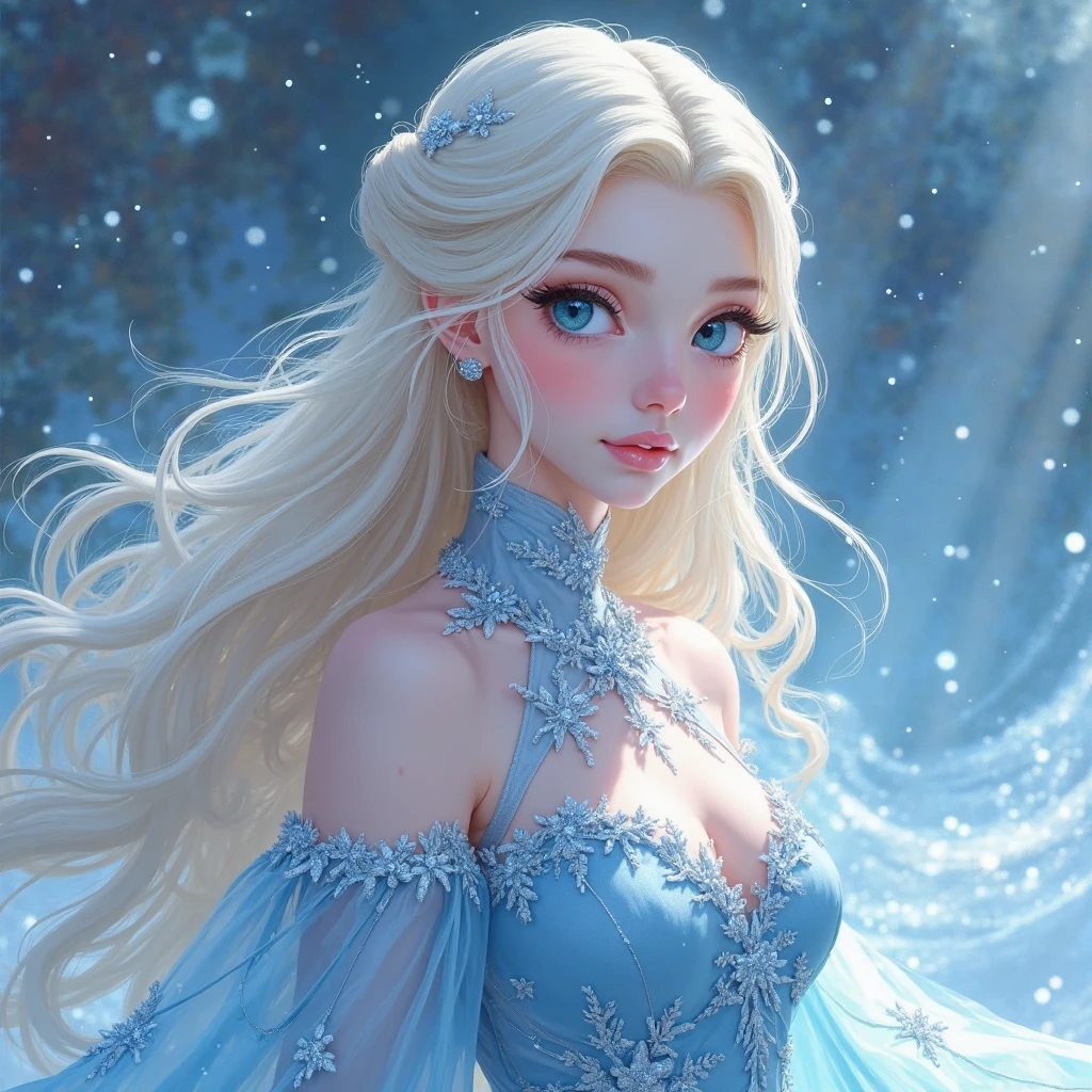 This is a realistic fantasy work of art, which takes place against the background of a winter landscape with subzero temperatures. Create a majestic, elegant and graceful incredibly beautiful young blonde rock woman with long golden hair and blue eyes in a magical world of stunning multicolored gilded roses and shimmering ice sparkling in the light. She has an elegant middle-aged face with realistic shading, incredibly detailed and distinct features, soft plump lips that you just want to kiss, and (realistic eyes). (Her eyes are important) and should be (beautiful detailed eyes with macro details), realistic details and a changing range of beautiful pale blue colors. Her clothes should be exquisitely sewn from weightless, airy and expensive finest gossamer silk with delicate and very sophisticated floral embroidery, (((many warm layers))), with a variety of additional colors, as well as with a lot of luxurious 
 white fur. She has elegant breasts, and her clothes are very warm and tight. This image is incredibly creative and highlights beautiful details in the form of gilded roses and pure snow on elaborately decorated ice. It depicts beautiful snowflakes, icy air and magical pigeons. Use pebbles, stones, bumps, sparkles and shimmers. Camera: Use dynamic compositional techniques to engage the viewer in the scene. Lighting: Highlight the glitter of snow and ice and the fantasy winter aspect of the image. Be inspired by the best masters of the genre and fashionable works in the genre of Midjourney and ArtStation.