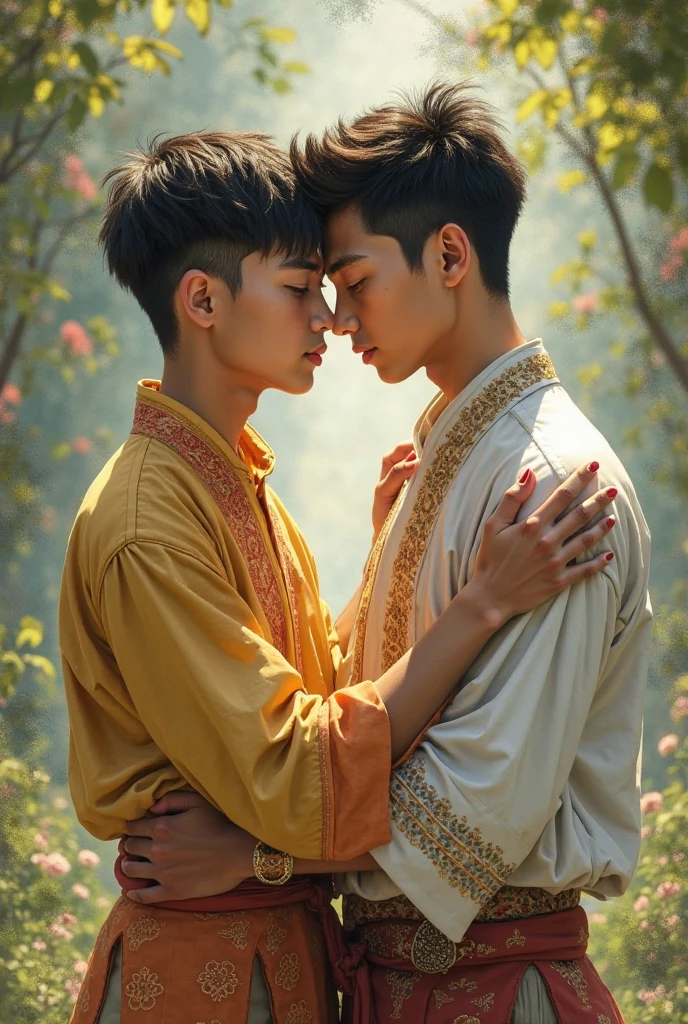 Two slim attractive Asian male teenagers with sarong native cloths touching each other's butts while in the lotus lake at heavy rain falling with splashed