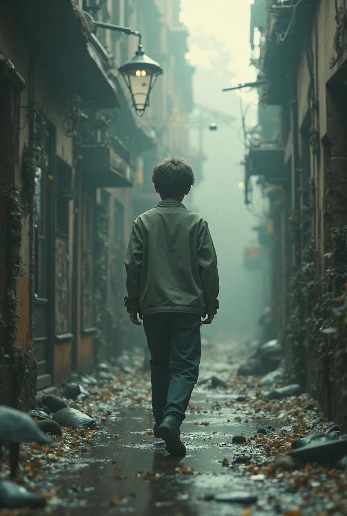 indigenous boy with short hair wearing a yellow jacket with the hood half up, crouching sadly as he looks out onto the street from inside his old house, wooden floor and narrow hallway in italy while it rains. From a downward perspective