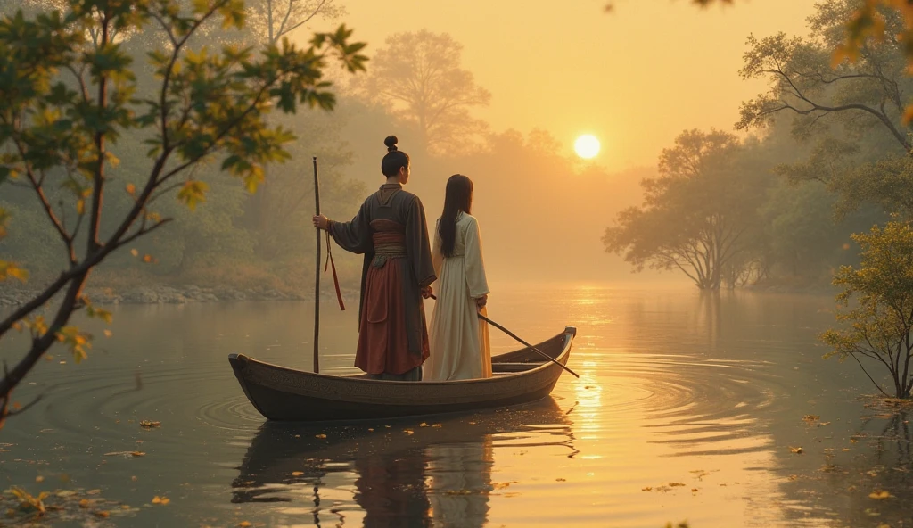 Misty,Sunset through the fog,Aerial view of bamboo raft from 92 degree angle,A woman wearing Chinese Hanfu and holding an umbrella stands in front,A man wearing a bamboo hat and a straw raincoat stands behind the woman,Man holding a paddle,The boat sails towards the sun,There are stone cliffs on both sides,Like a Chinese landscape painting, like a fairyland, like the mountains of Zhangjiajie,Maximum resolution,All the details can be seen clearly,Cinematic color grading