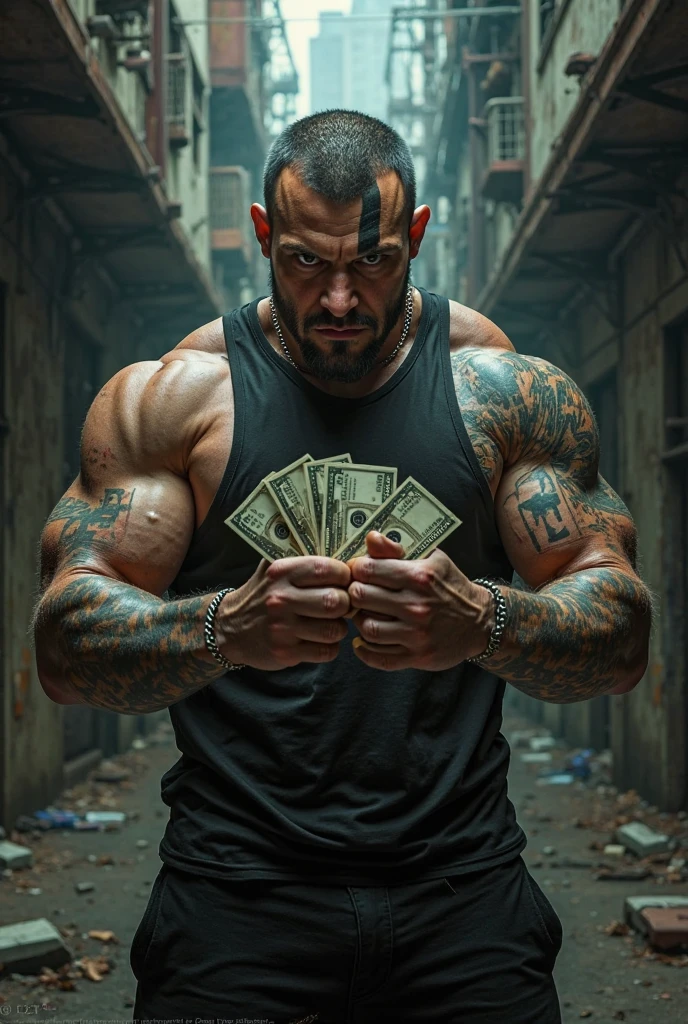 Create a MUSCLE logo & MONEY writing only (no people showing up )rustic, a 50lb gym weight and Brazilian real money notes