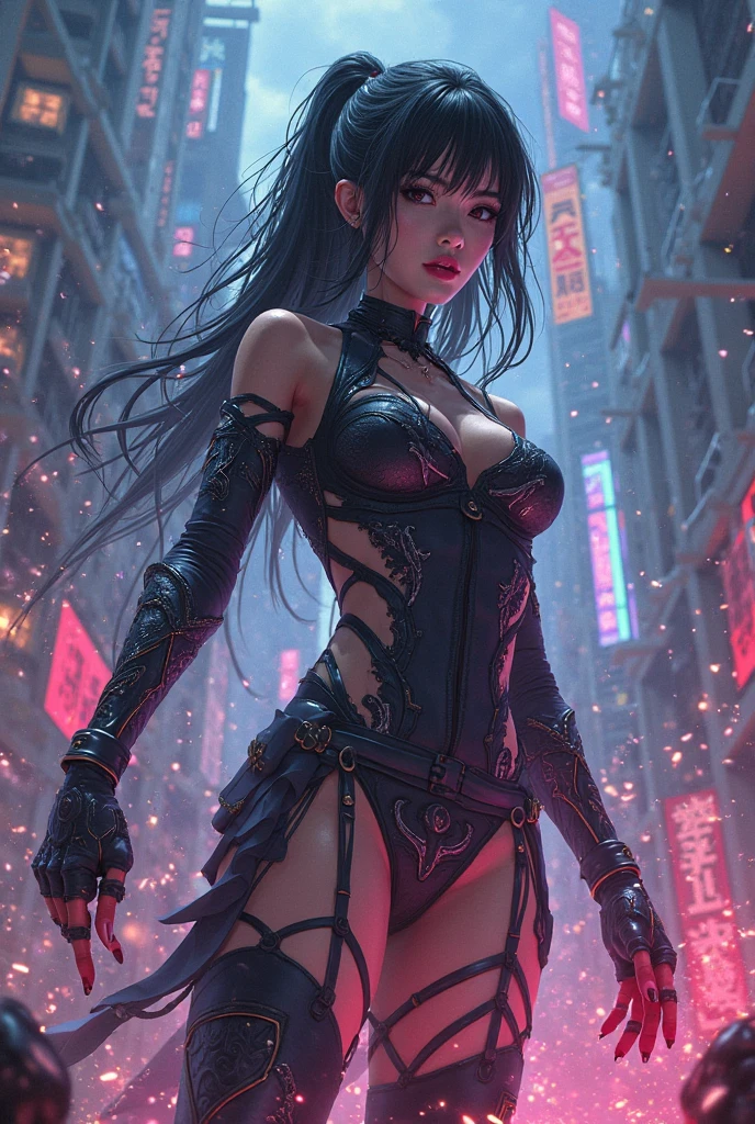 There is futuristic sreet in the middle of it stand beautiful elf female, she have green eyes, long pointy ears with lot of piercing, juicy red lips and daek purple eye shadows, her hair is bloody red , she dressed in lomg sexy dress with fur, She have cybernetic arms with sharp claws, and tatoos on her body, (ultra high quality sifi fantasy art. cyberpunk fantasy style, masterpiece, ultra highquality character design, 8k quality anime art, top quality wallpaper illustration, detailed ultra high quality acurate face, highquality design and acurate physic)