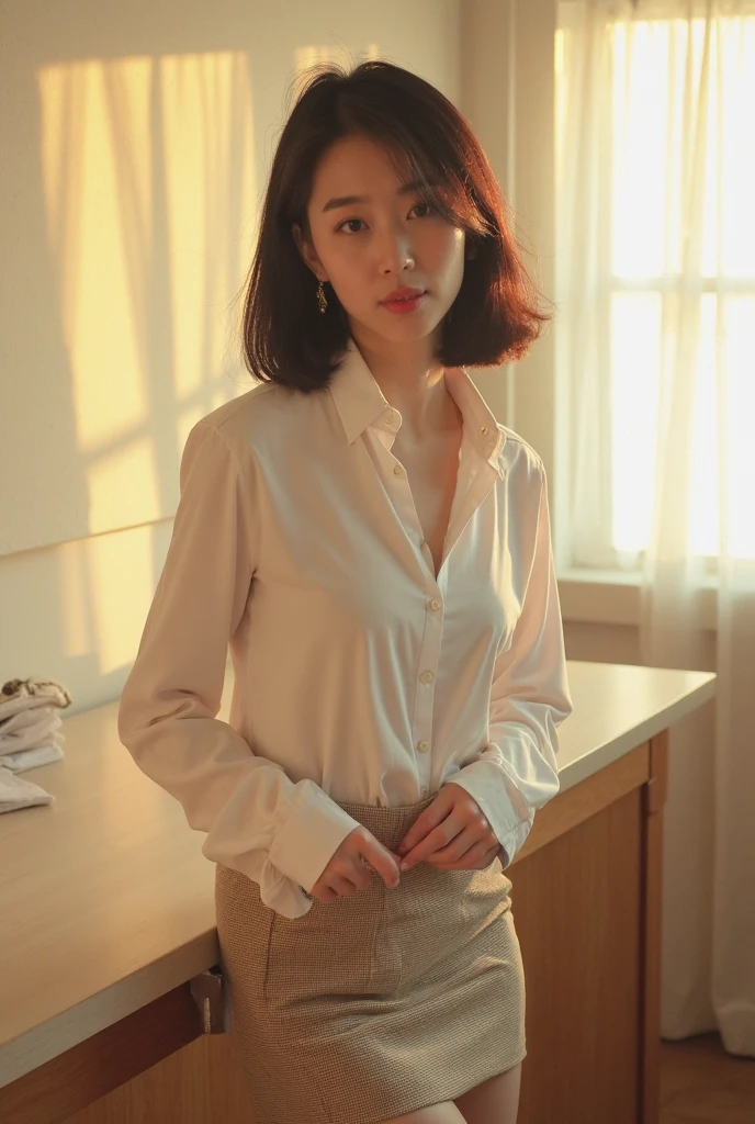 masterpiece, top-quality, 8K, Short-cut hairstyles 、Women in Japan、 Raw foto, beautiful a girl, cute face, (sitting on, cowboy shot, 校服, thighs thighs thighs thighs:1.2), white shirt, looking at the viewers, Teen, Classroom, A hyper-realistic, hight resolution, a picture, navy pleats skirt, film grains, chromatic abberation, foco nítido, face lights, Dynamic lighting, Cinematographic lighting, highestdetailed, Extreme Details, ultra-detailliert, detaile, extremely detailed eye and face, tie