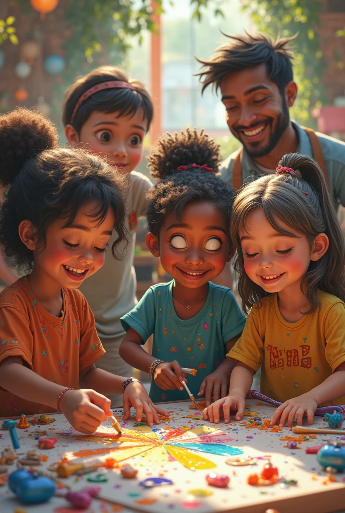 Woman painting faces of happy children