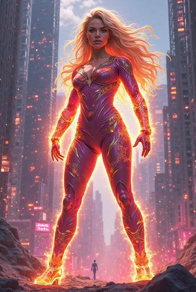 Beautiful and seductive, overflowing with dark power, an evil villainess floats above the recently destroyed husk of a heavily populated city. Dark purple tendrils of energy flow across her lithe fingers. Blonde hair with side swept bangs, glossy red lips curled into a sinister smirk as see views the destruction with glee.  Across her body, a skintight costume made of black with accents of pink reflect the power flowing from her godlike form.  Evil triumphs. 