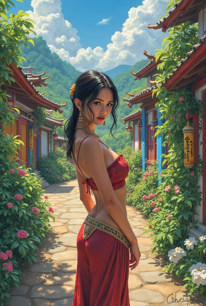 (((work of art, best qualityer: 1.2, image ultra realistic),13 year old girl , europeu , beautiful and symmetrical face, with bright red eyes, phoenix, lotus flowers, red rose gold, gold mini underwear, Mountain sunrise to the bottom, Ancient porcelain buildings)), small breasts nsfw, you look with makeup