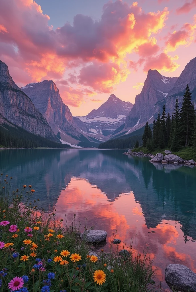 A serene alpine lake at sunset, mirroring fiery orange and pink clouds ...