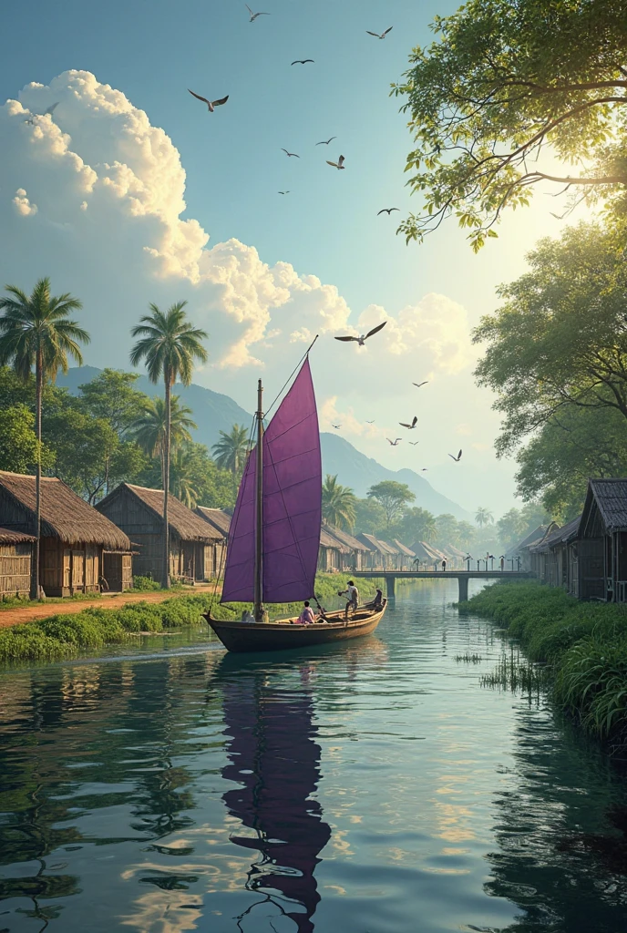 A tranquil Bangladeshi riverside village, photorealistic 4K cinematic ...