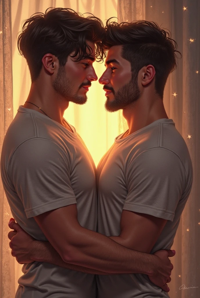Illustrious Francisco and Ricardo gay couple in an intimate moment, like a passionate hug or an intense look, with a dramatic background.