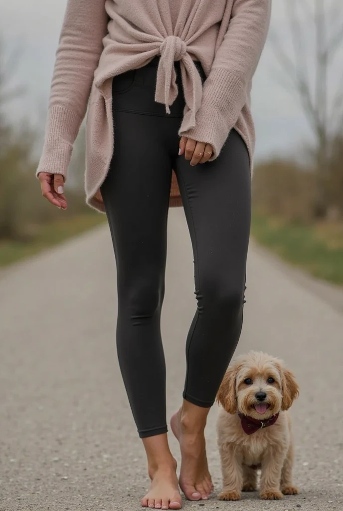 A beautiful young woman with blonde wavy hair wearing a loose tshirt and black leggings showing slim hips and slim shapely legs smiling looking straight at the camera walking in a forest walking a dog