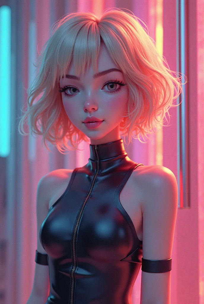 Barbie style CARTOON sexy intimidating look short white hair brown eyes white skin