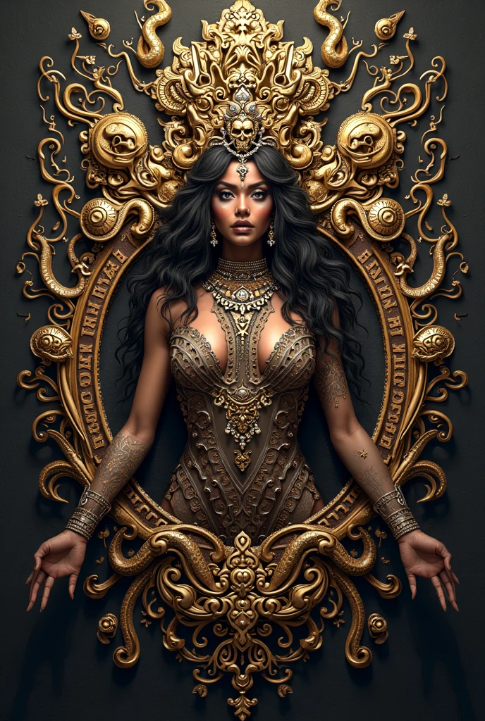 Beautiful woman with long black hair, well curly, displaying sensuality, dancing the ballet, with lingerie robes with green gold and red colors, with jewels and crown in gold, perfect body, in a very beautiful place of lush landscape --auto --s2