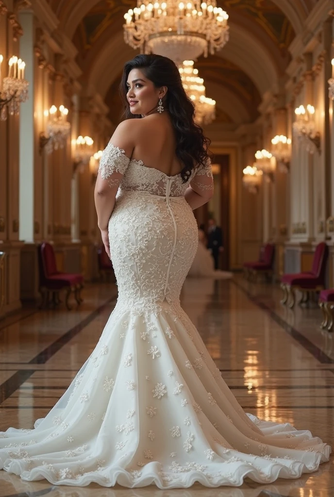 Superbe fauzia, super high quality, Photo brute, Ultra realistic masterpiece,photoreallistic, 8k, Queue, Robe transparente , lingerie sexy, poitrine tombante, ((hanches larges, thick thigh, Cul saillant)),butt to the camera, Detailed background to the ballroom, Detailed perfect hourglass figure, perfect  lighting, photoreallistic, Tir de cowboy