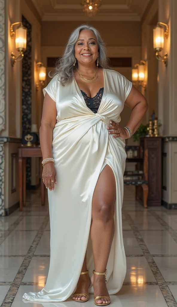 Full body, Woman, Dynamic angle, Pubic hair, 60 Years old, One, Long hair, Makeup, Fat, White hair, Persian, Large breasts, Dress, Diadem, Standing, Spreaded legs
