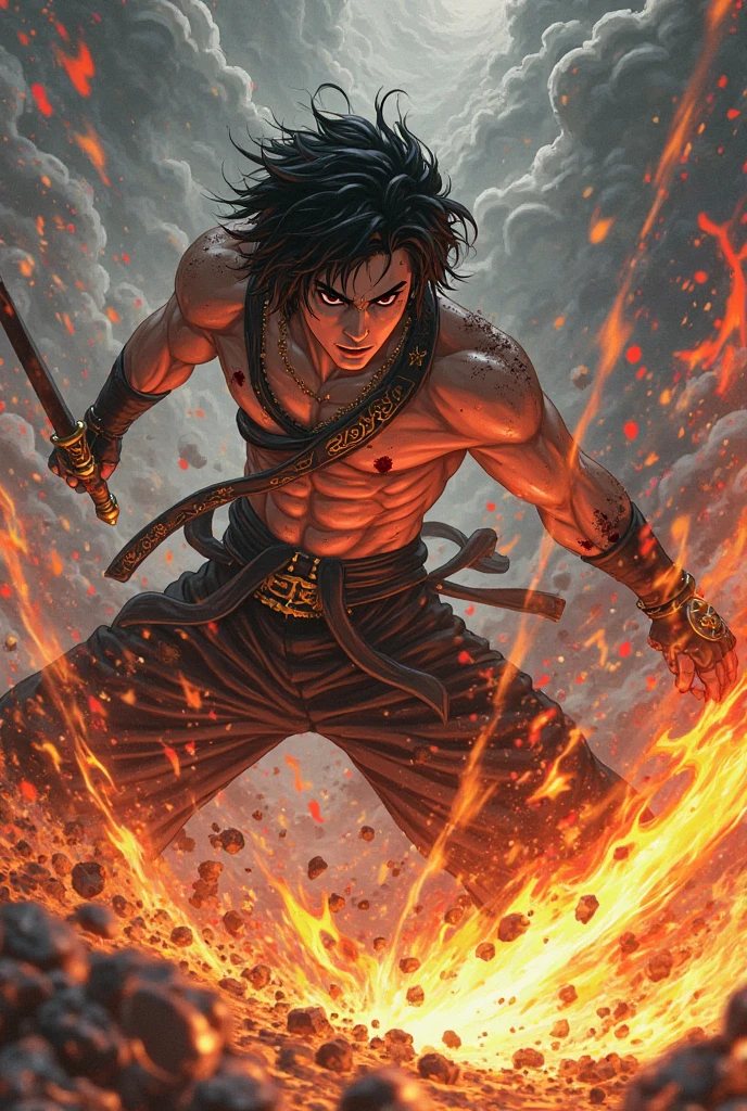 a male hero who goes on an adventure accompanied by a red dragon covered in an aura of fire all over his body, with a view on a dusk hill, with the concept of landscape, painting, water color art, digital drawing,