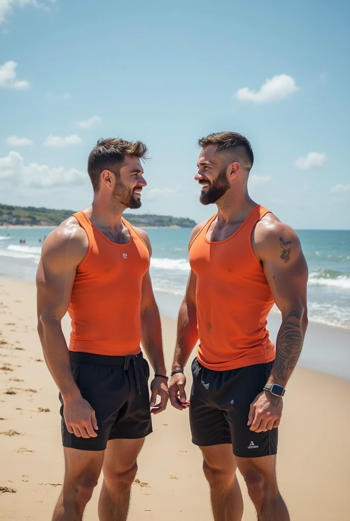 2 male, tall and with tanned skin, wearing a white fine mesh tank top highlighting her broad shoulders, strong, defined jaw, scruffy beard, sideways smile and green eyes