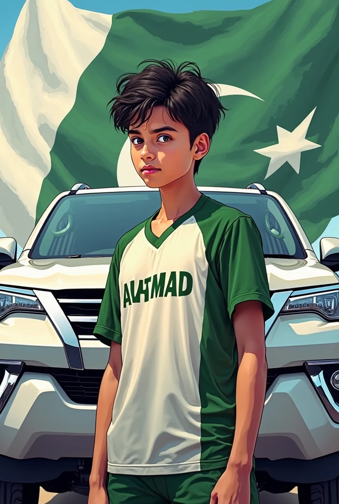 Pakistan flag with 14august 3d image with anime 18 year old boy, Boy name "Abid Rizvi" 