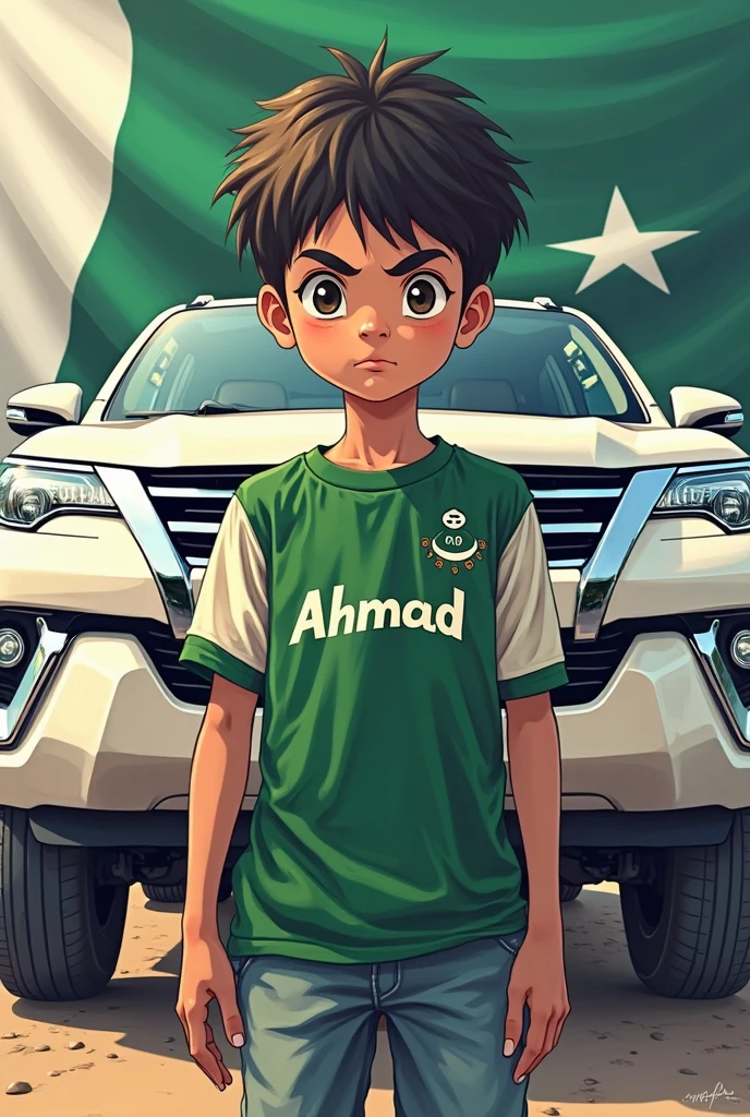 A Young Anime boy Wearing White and green Track Suit And Taking Pakistani Flag in his hand . In Background There is a green honda civic 2024