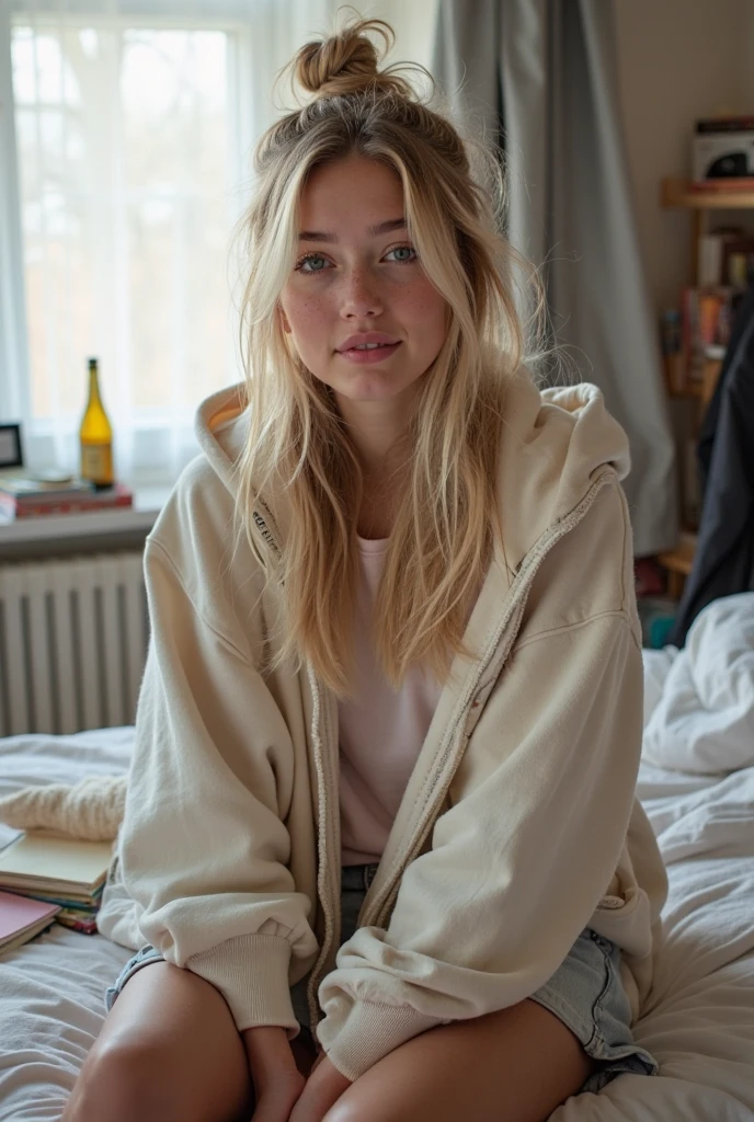 A photograph of a majestic Golden Retriever dog, dressed in a white Moncler luxury brand T-shirt, inside a cozy bedroom. With his golden coat shimmering in the soft light filtering through the window, the dog stands at the center of the composition. His friendly, deep-set eyes, a shade resembling amber, are fixed on the camera with a gaze that radiates loyalty and affection. Her calm and serene expression suggests a deep connection with her inner environment. The room, with comfortable furnishings and carefully chosen details, creates a warm, homey backdrop that enhances the beauty of the moment, inviting us to reflect on the calm and companionship that our faithful furry friends can bring to our lives.