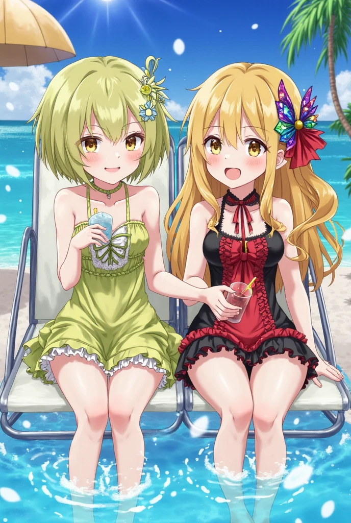 ((masterpiece,best quality)), 1girl, (:1.3), solo, long hair, very long hair, small breasts, braid, ahoge, hairband, fruit, side braid, iris, hair ornament, grape hair ornament, standing, (cute bikini, bikini on beach), (beach view), ((sitting on ground)), (from above)
