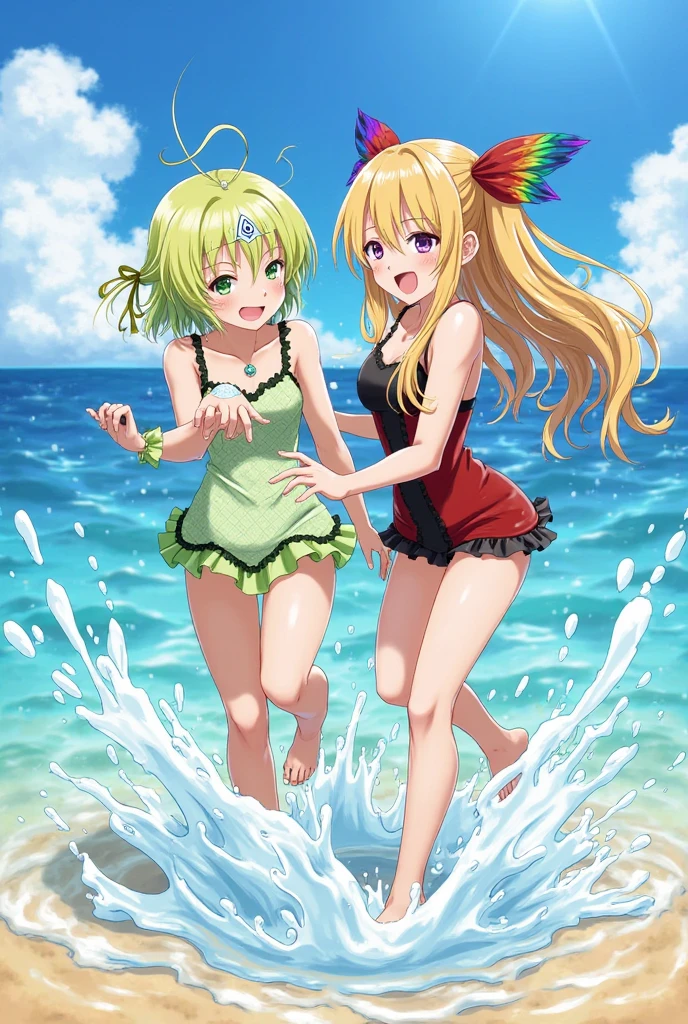 a group of boys and girls cheers at a poolside party, smile, long eyelashes, colorful swimsuits, splashing water, vibrant colors, warm sunlight, reflections in water, lush greenery, (best quality,4k,8k,highres,masterpiece:1.2),ultra-detailed,portraits,vivid colors,HDR,studio lighting,anime screencap,