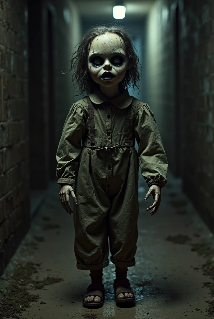 Scary ghost of a child standing in the corner of the house with blood stained clothes and holding a torn doll