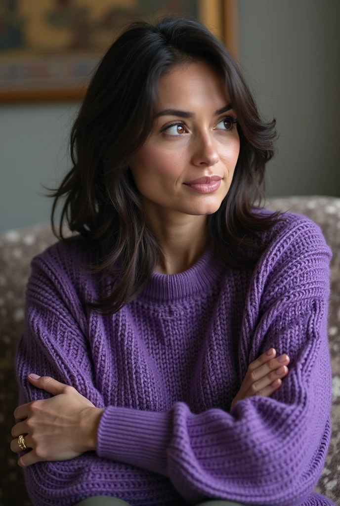 Camila Mendes dressed in a purple sweater and panties and smiling sexy