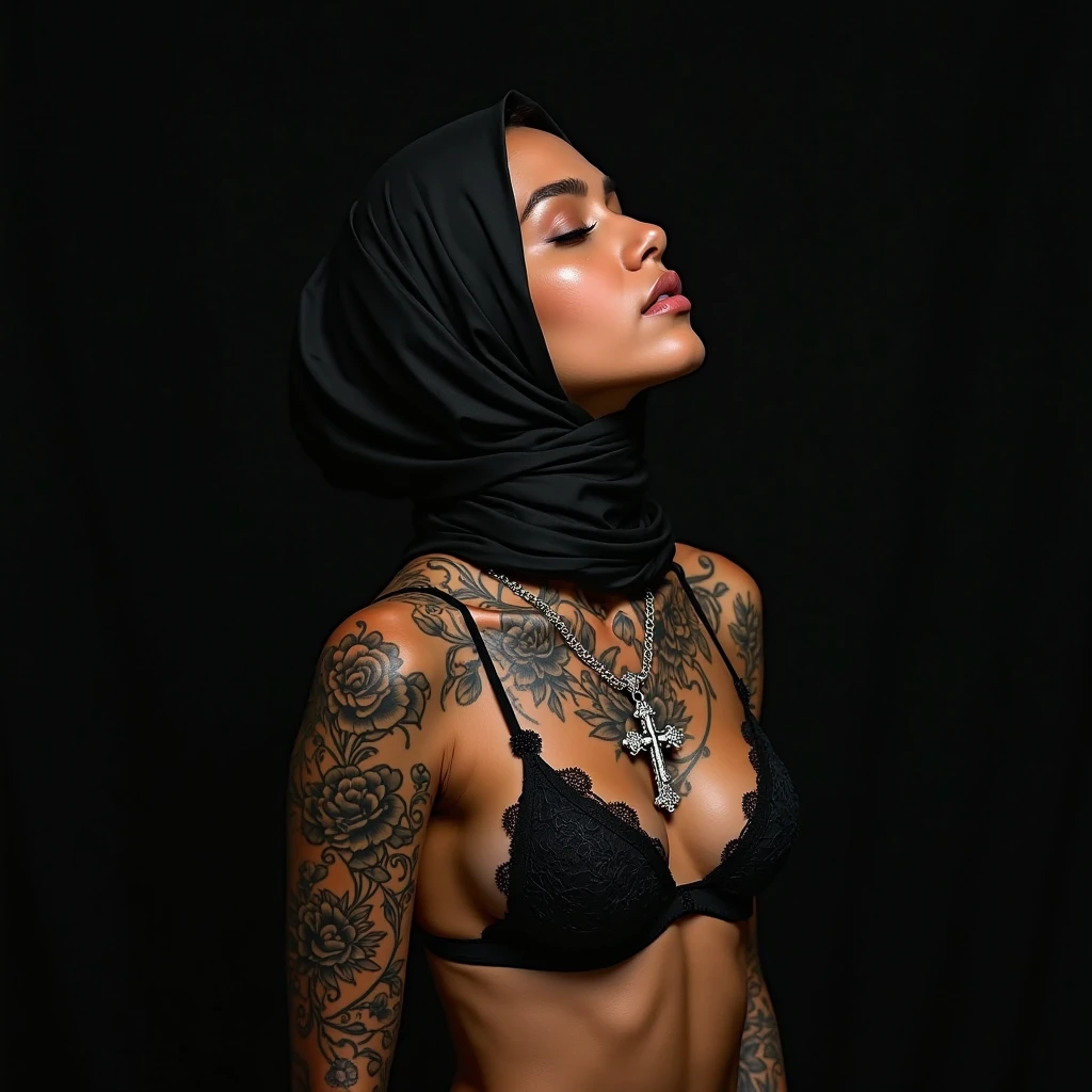 Asian WOMAN with a fully tattooed body with very colorful patterns((she is dressed in hijab without the veil ))((elle a une longue natte tressé))((entire body tattooed with intense color patterns))