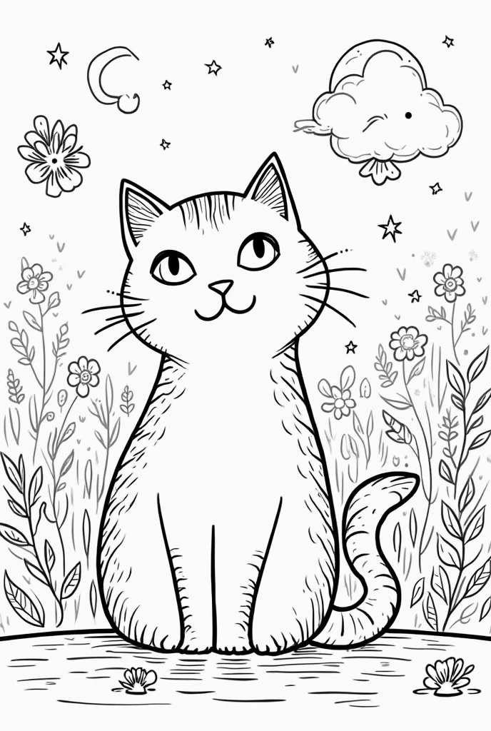 Un lindo gato con la luna de fondo, masterpiece, Best Quality, foreground, Line art, monochrome, clean lines, in black and white, coloring book page,