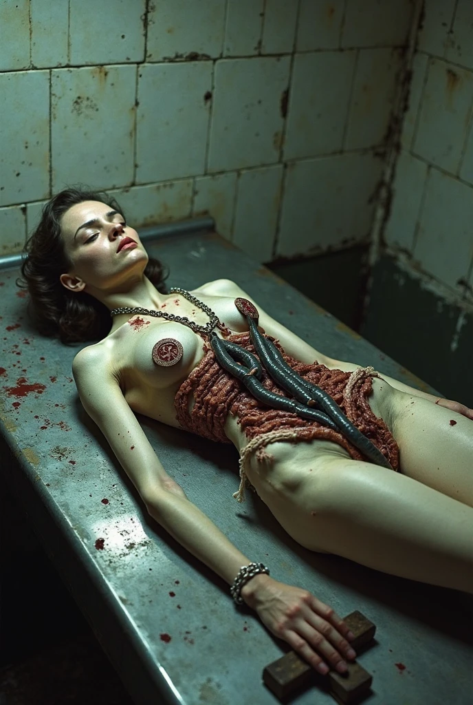 Oil painting of a Busty (injured) mermaid laying unconscious, (wounded), cut and bloodied in wooden cutting board in the kitchen, Her chest has cut wounds, mouth agape, a giant knife beside her, close up,