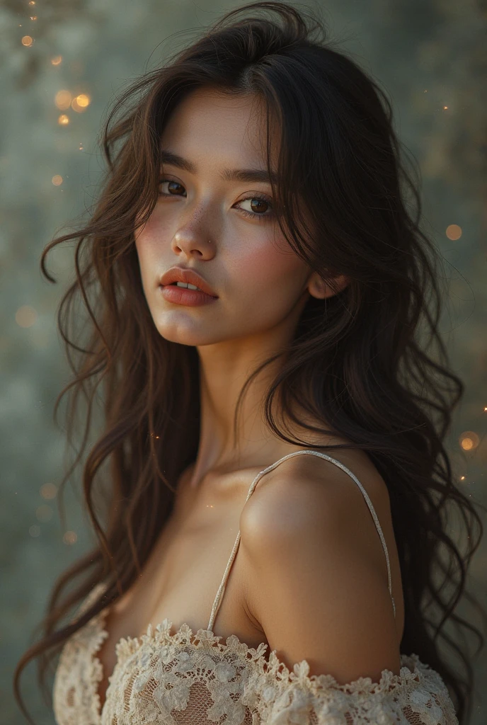 an ultra-realistic, high-resolution 8K photo of a beautiful 30-year-old woman, the woman is Vietnamese, ((long curly hair)), and a charming figure, (elegant dress: 1.2), dramatic lighting, masterpiece, immersive atmosphere, chiaroscuro: (1.5, strong light: 1.2, brilliant light), (background blur: 1.5), blur, best quality, realistic, extremely detailed, HDR, physically based rendering, studio lighting, vivid colors, bokeh, (real skin texture: 1.3), high contrast, (Fuji color: 1.5), Film grain, open-neck black dress, detailed charming red eyes and face, dynamic lighting, in the dark, deep shadow, low key, cowboy shot, Facial lighting, super detailed face, very detailed lips, Detailed eyes, City street，