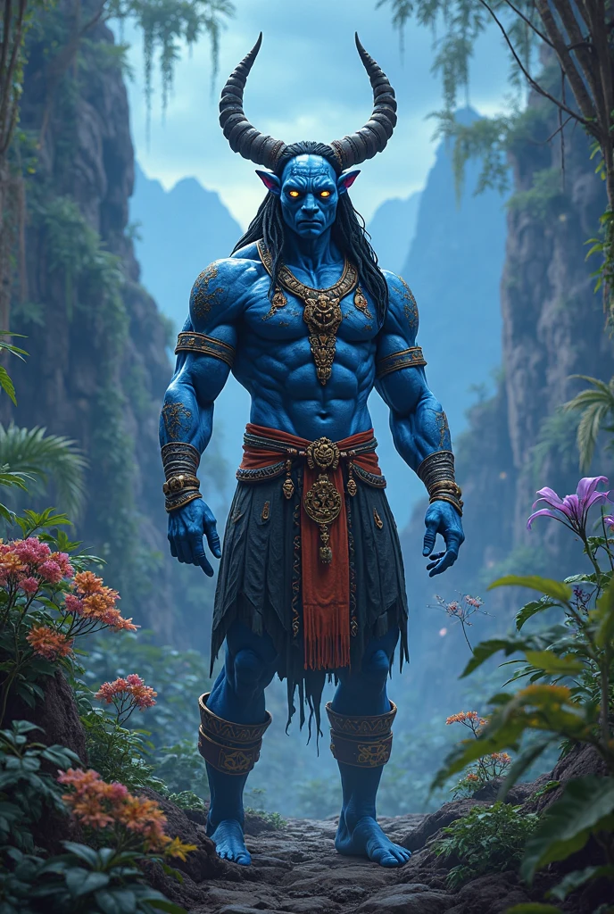 at night, o Forest Spirit se transforma no  Daidarabotchi, an imposing figure, translucent and more abstract that glows with a blue light. In this form, the steps of the spirit cause vegetation to grow and wither, highlighting your role as giver and taker of life. Bright floating flower balls represent the essence of the forest full body view with depth An epic, a scaly skin, Rasta style hair around, he wears a cord with mystical symbols illustration of a shadowy entity. A tall, muscular humanoid figure with unusual features, like white skin like plaster, cut mouth, slanted and larger than normal yellow eyes and large ears, pointed, thin and strange, wearing blue-gray clothes.   

