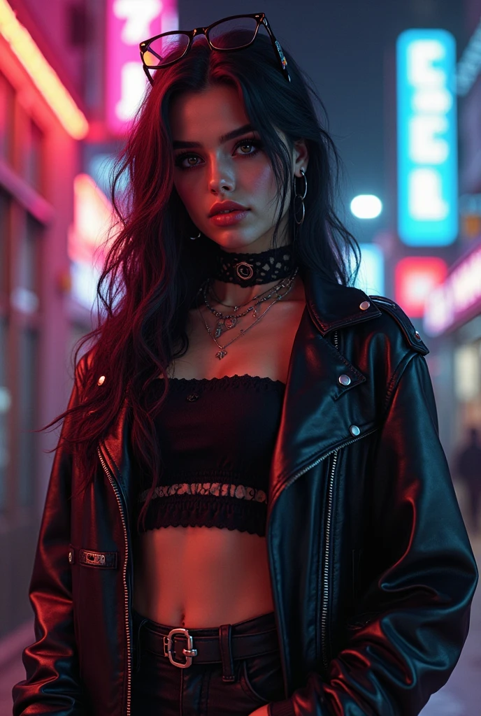 An ultra-realistic CG illustration of an jess nigri woman with a piercing gaze and bold makeup. She's wearing a leather jacket with a crop top, and her long hair is styled in a sleek updo.