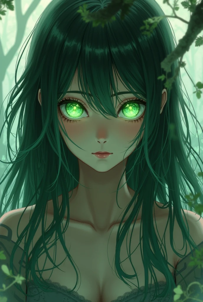 Spanish goddess, (green theme), ((glowing)), 1girl, solo, looking at viewer, upper body,<lora:Green-Nostalgia:1>, bangs, lanky body, flat chest, whimsical treehouse nestled in the treetops, (masterpiece, best quality, detailed:1.3), attractive, (bokeh:1.3)