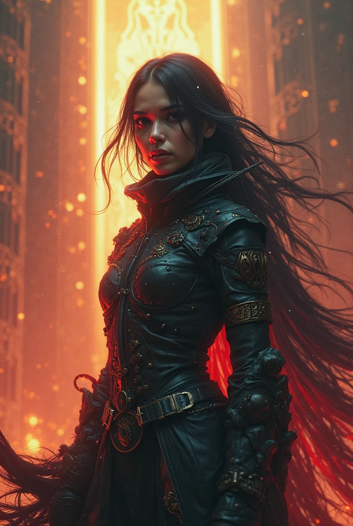a female ninja with flowing black hair, intricate chained weaponry, chains emanating from all directions, chains flying randomly towards the viewer, strong sense of depth and perspective, highly detailed, ultra-realistic, cinematic lighting, dramatic color palette, masterpiece, award-winning digital art
