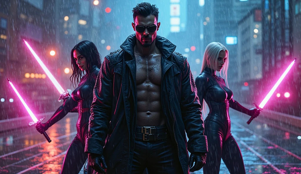 Group of actors, men and women, in cyberpunk costumes engaged in intense and exciting action sequence, vibrant, photorealistic, realistic, dramatic, dark, sharp focus, 8k