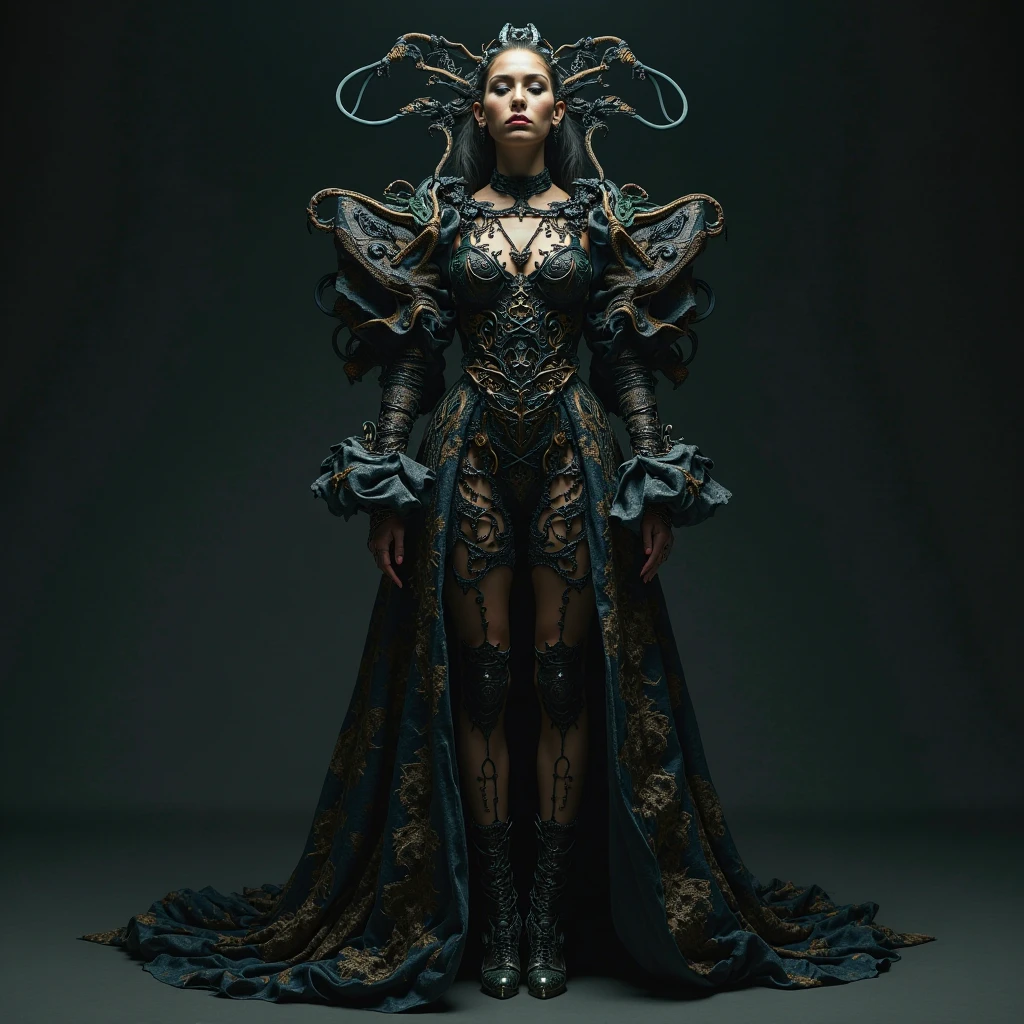 a beautiful, imposing and respected human woman, but this respect is tainted by fear, more imposing and elegant, less sexy, wearing royal armor