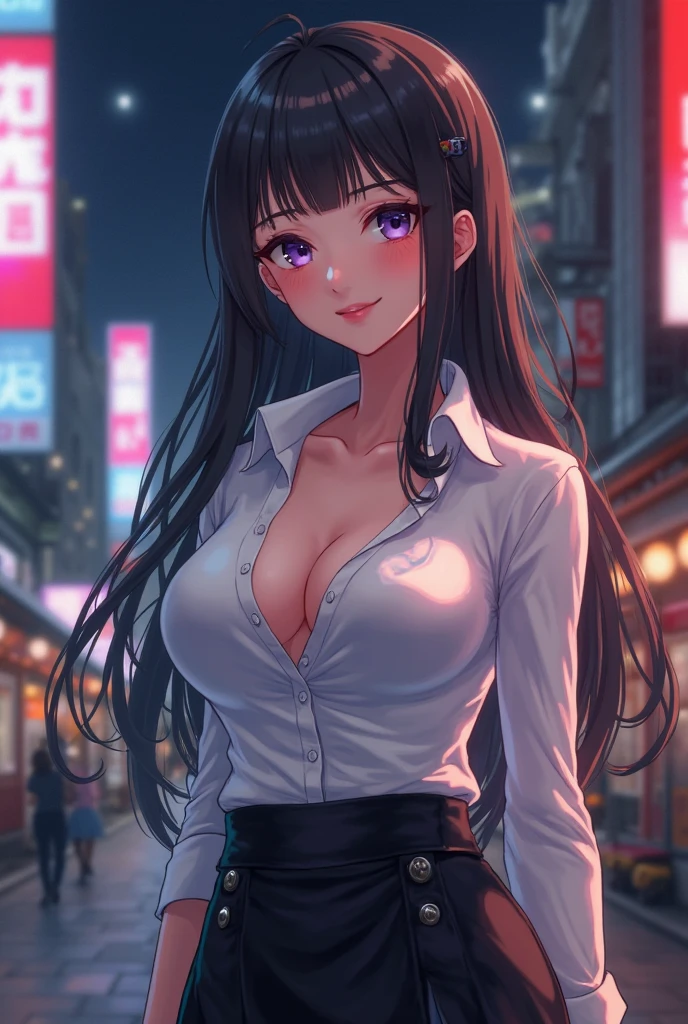 1lady solo, (strolling through city), (stylish outfit) (crop top), mature female, /(black hair/), kind smile, (teeth:0.8), (masterpiece best quality:1.2) delicate illustration ultra-detailed, large breasts BREAK (holding designer's bag) BREAK (luxurious downtown street) outdoors, night, cityscape, detailed background