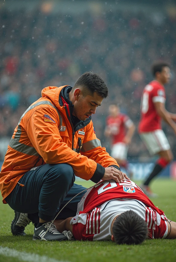 There is a man lying on a stretcher with his hands crossed over his face, a man in a t-shirt and sports shorts has crossed his hands over his face, the man has an agonised face under his hands, two longhaired and ponytailed women that are wearing very shiny coats, there are longhaired women wearing laquered puffy coats, longhaired women are walking in wetlook puffy coats, several women walking around a football field with an injured athlete on a stretcher, the injured athlete on the stretcher covers his face with both hands, the women look very worried, behind the women there is a frightening atmosphere, there is heavy rainfall in the background, video still