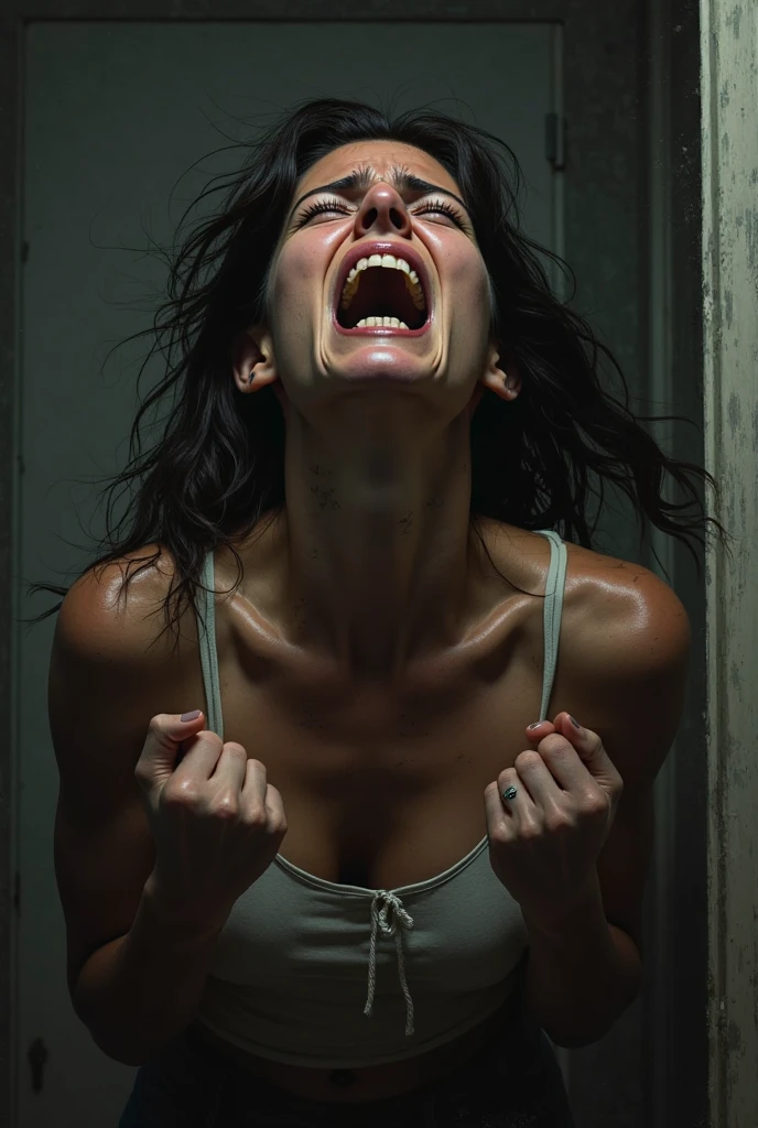 A woman trapped in a straitjacket, desperate expression, dramatic lighting, claustrophobic atmosphere.