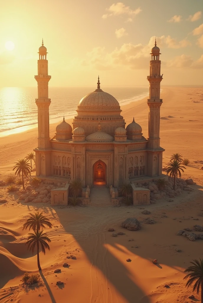 Amber Sanctuary in a Desert Oasis, In the heart of a vast desert, a sanctuary made of glowing amber stone stands in an oasis surrounded by lush palm trees and crystal-clear water. The golden light from the amber stone illuminates the surrounding sand dunes, creating a warm and inviting atmosphere. The sky is a deep, clear blue, and the reflection of the sanctuary shimmers in the oasis's waters, contrasting with the arid environment. Strong contrast, Good depth of field, 8K wallpaper, Masterpiece, Aesthetic illustration in realistic style, best quality, natural light, high res, highly detailed, All the colors and materials in this work are very harmoniously combined