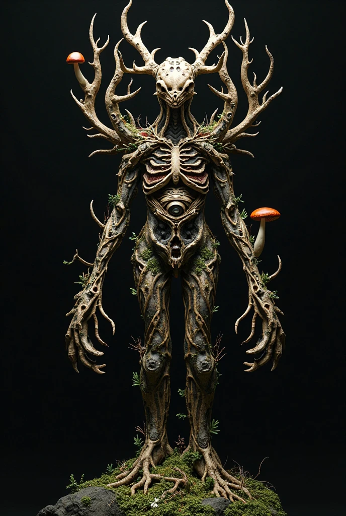 a skeleton covered with mud, moss and some mushrooms growing on its body, the environment is dark and rocky