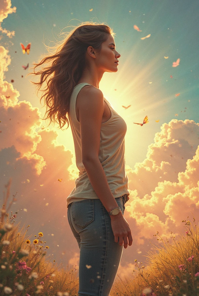 letitflrsh, (let it flourish), backside of a person leaning foreword wearing pants with a single flower inside bum crack, radiating light, illumination, atmospheric, scale, order, healing, light, hope, soothing, calm , 