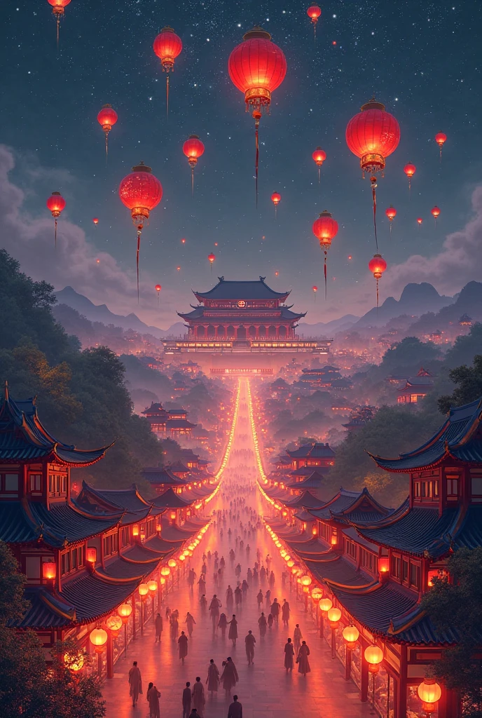 Ancient China, view of the city from the hill at night, Chinese scarlet ...